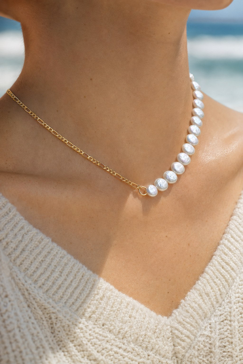 Half Moon Coin Pearl Necklace close-up detail