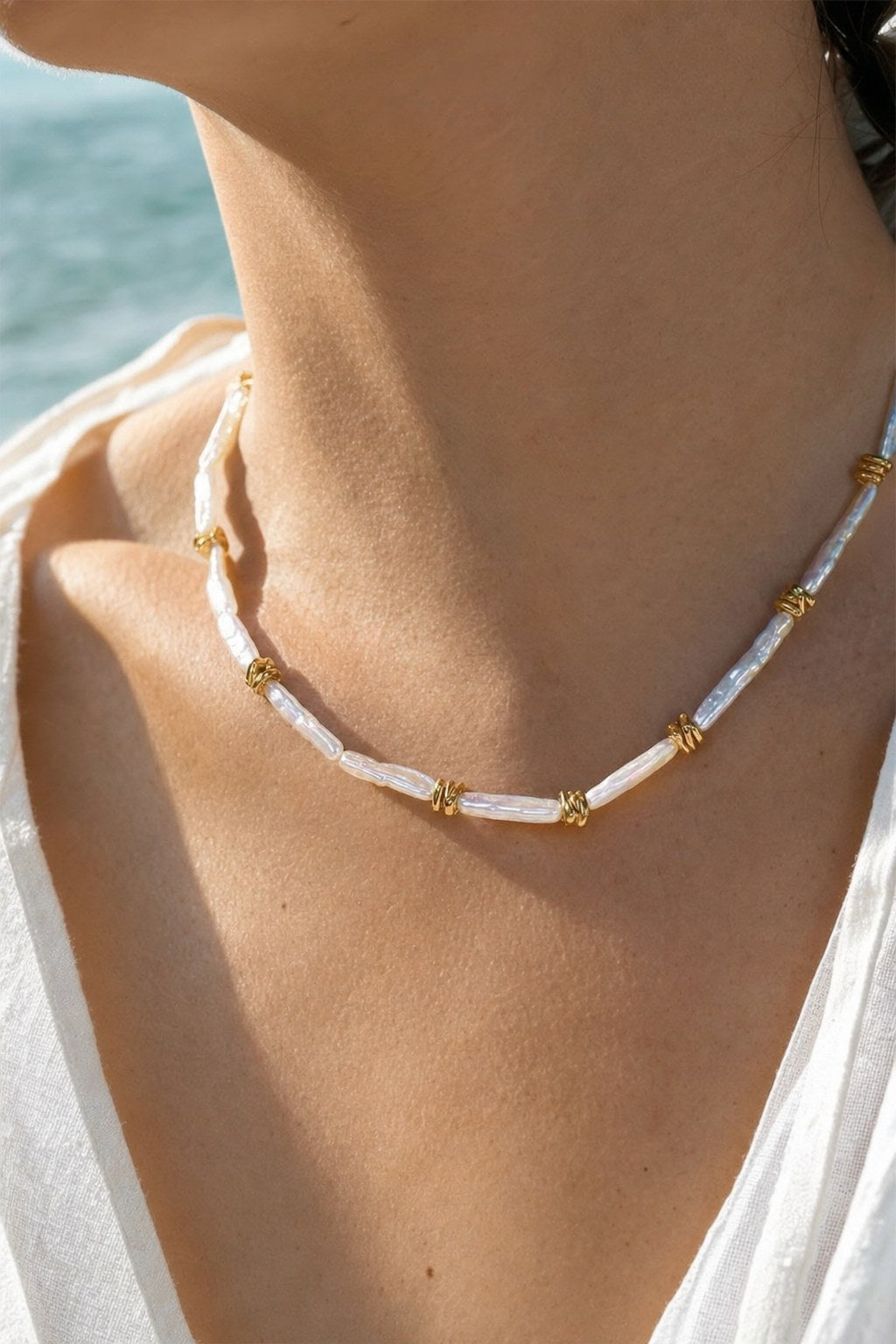 Driftwood Stick Pearl Necklace close-up detail