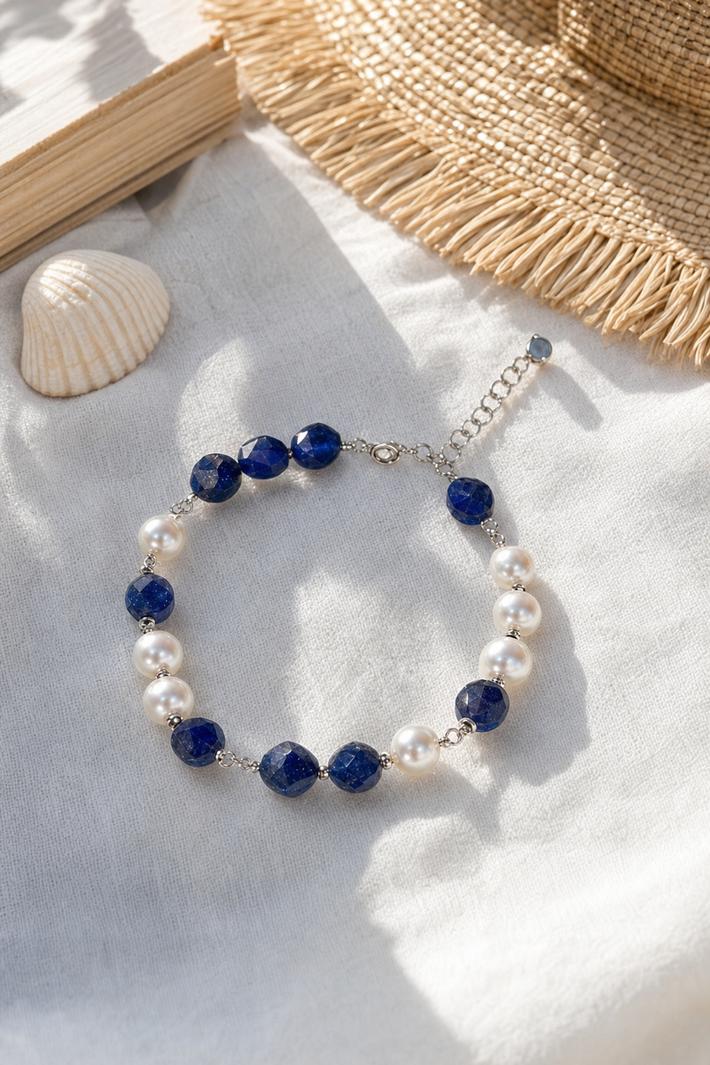Ocean Blue Kyanite Pearl Bracelet flat lay