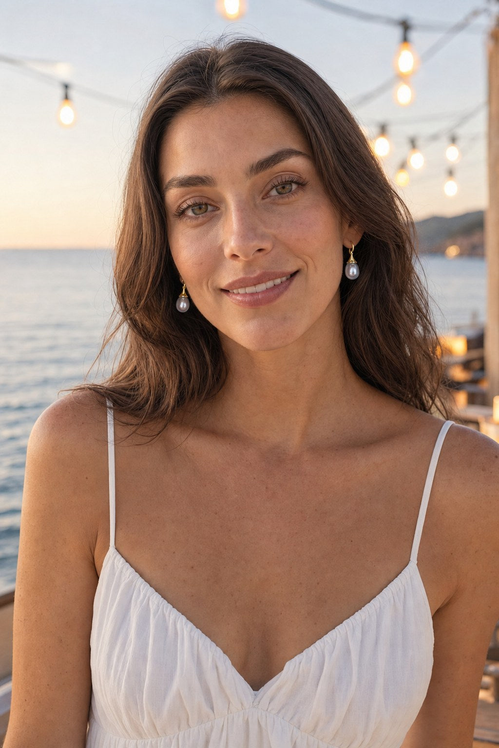 Storm Grey Pearl Earrings on the model by the sea