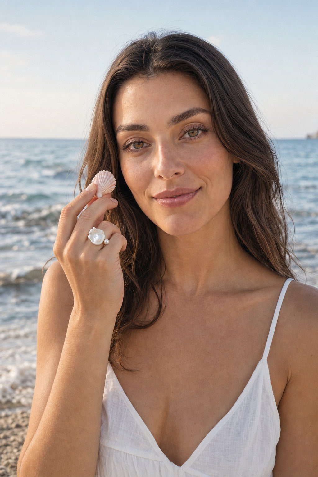 Open Shell Double Pearl Ring on the model by the sea