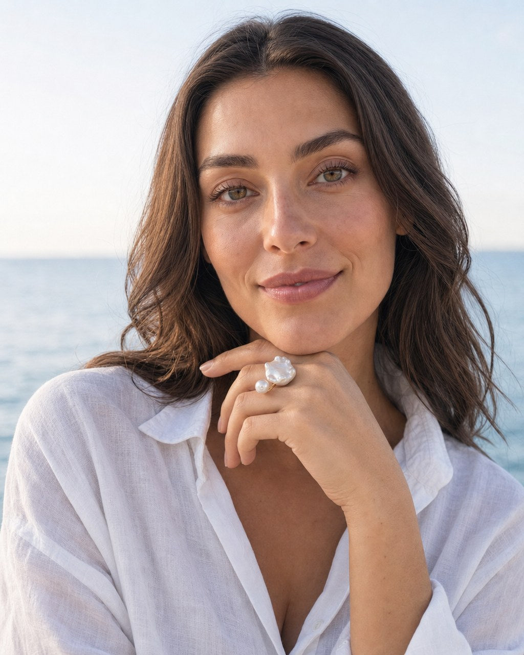 Open Shell Double Pearl Ring worn by the model