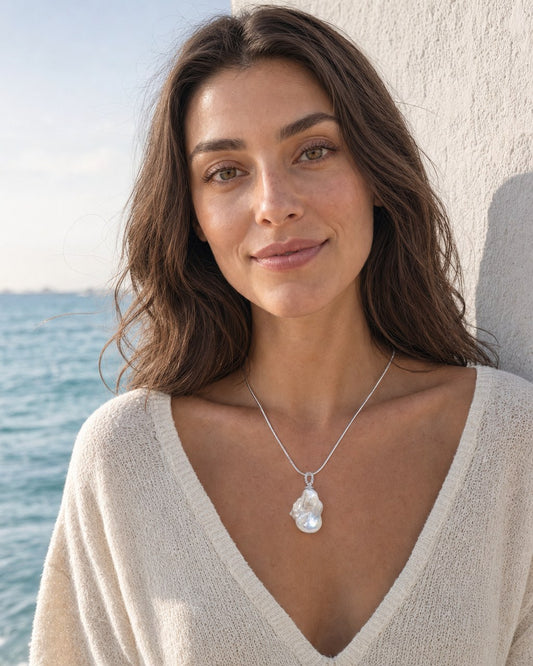 Moonrise pendant worn by the model