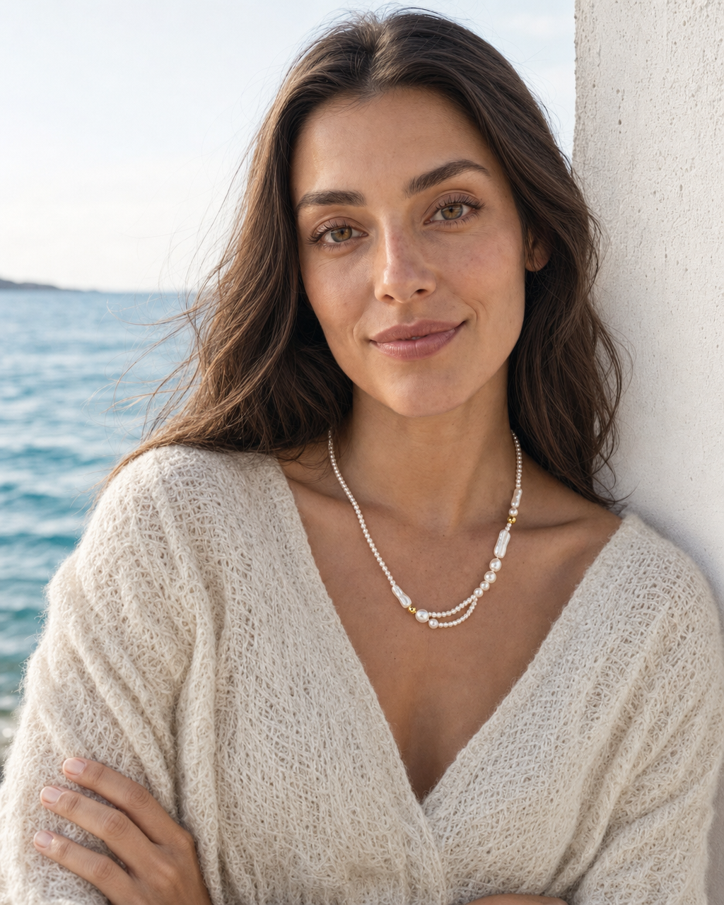 Gilded Shore Pearl Necklace worn