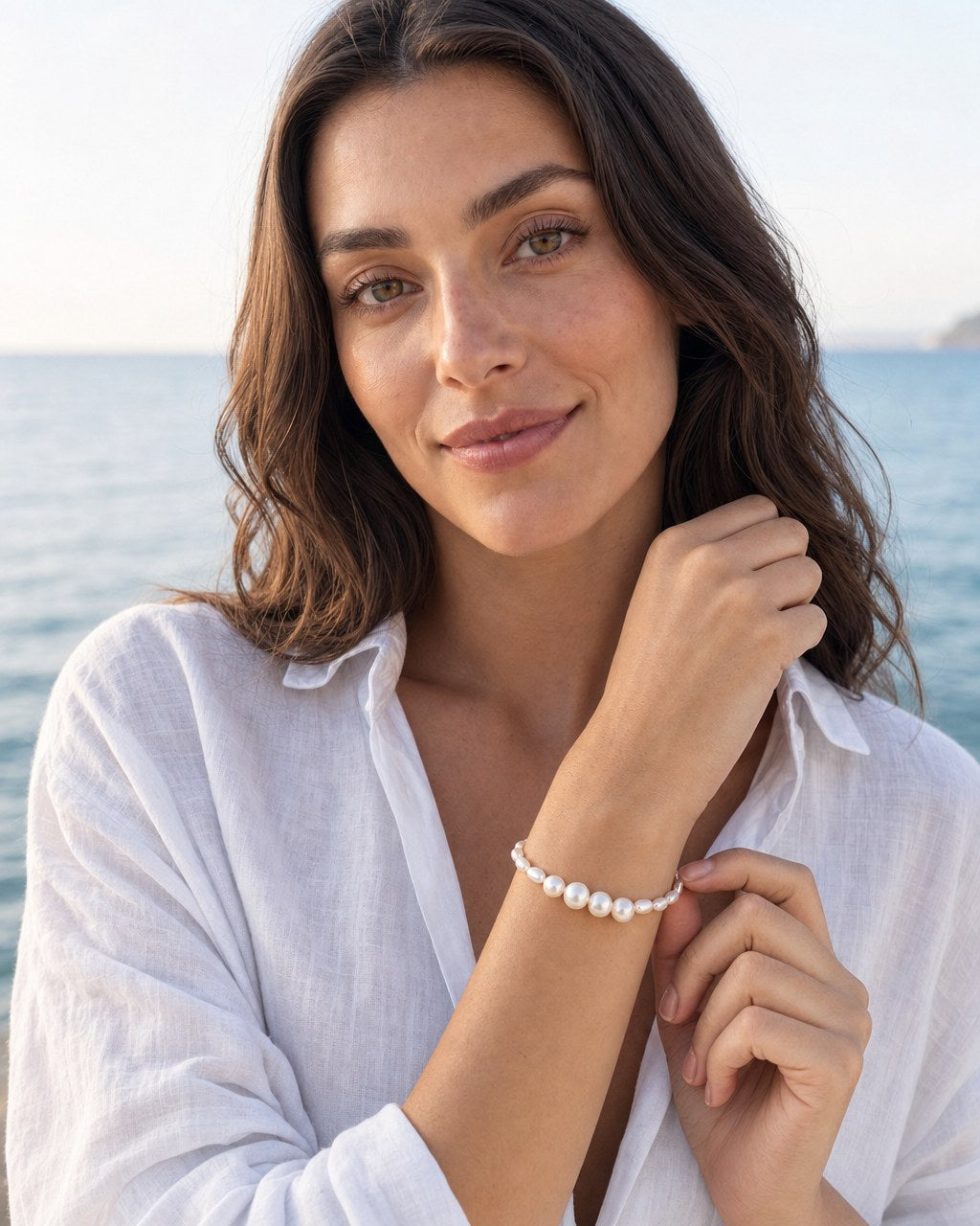 Smile Pearl Stacking Bracelet worn by the model