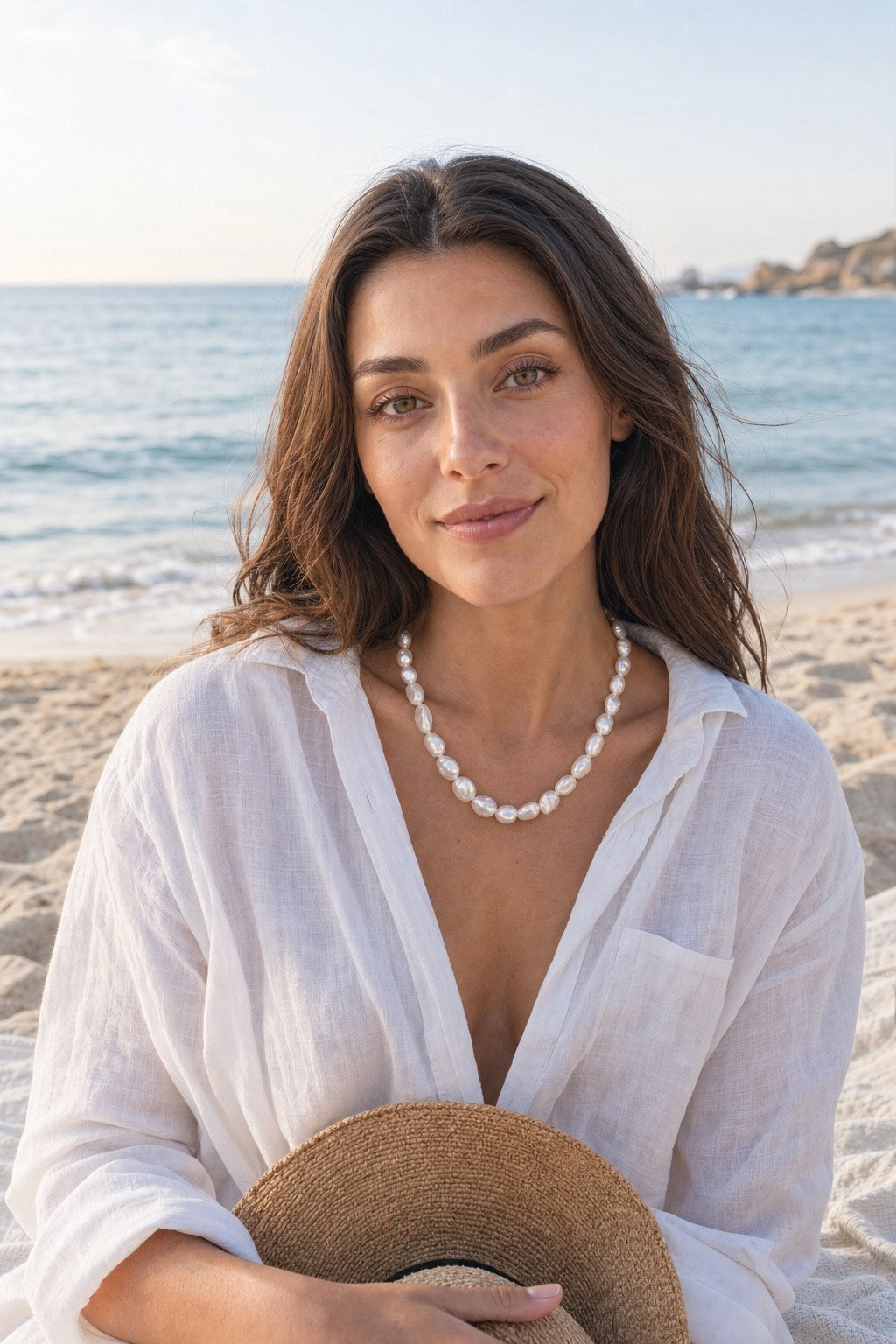 Low Tide Baroque Pearl Necklace on the model by the sea