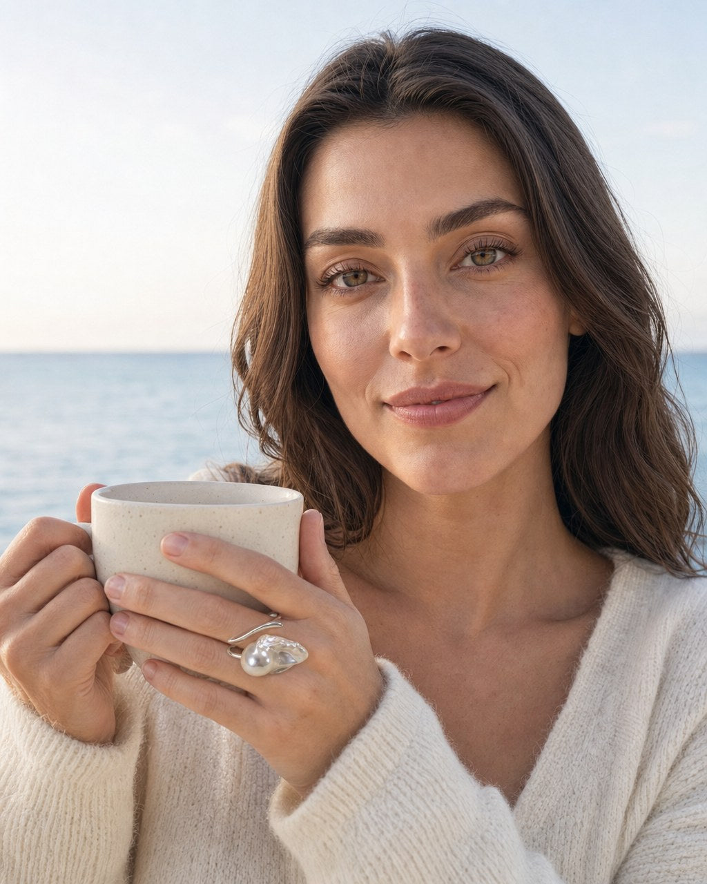 Wave Baroque Pearl Ring worn by the model