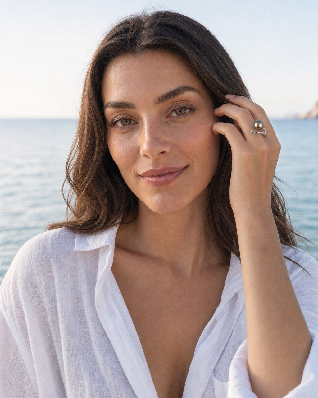 Copper Tide Pearl Ring worn by the model