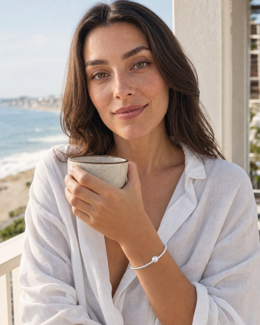 Pebble Silver Pearl Bracelet worn by the model