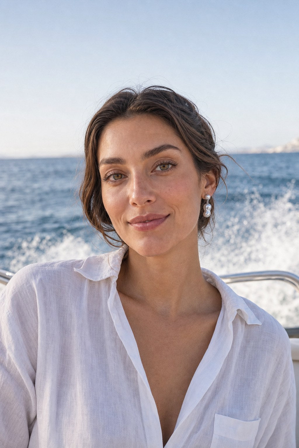 Little Wave Baroque Earrings on the model by the sea