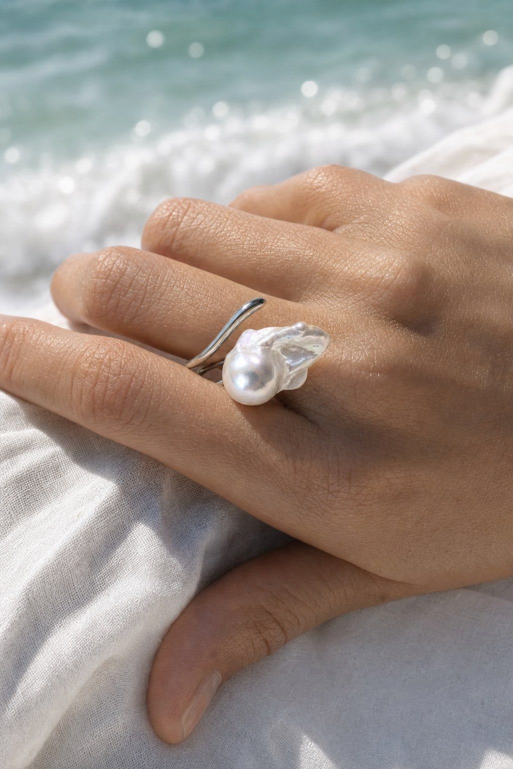 Wave Baroque Pearl Ring close-up detail