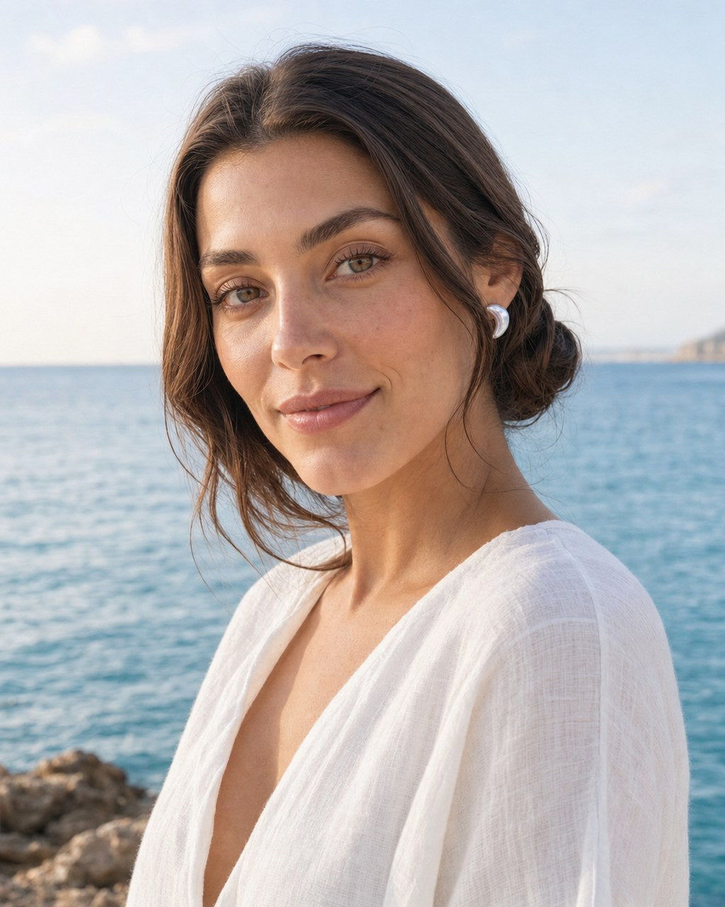 Crescent Moon Pearl Studs worn by the model