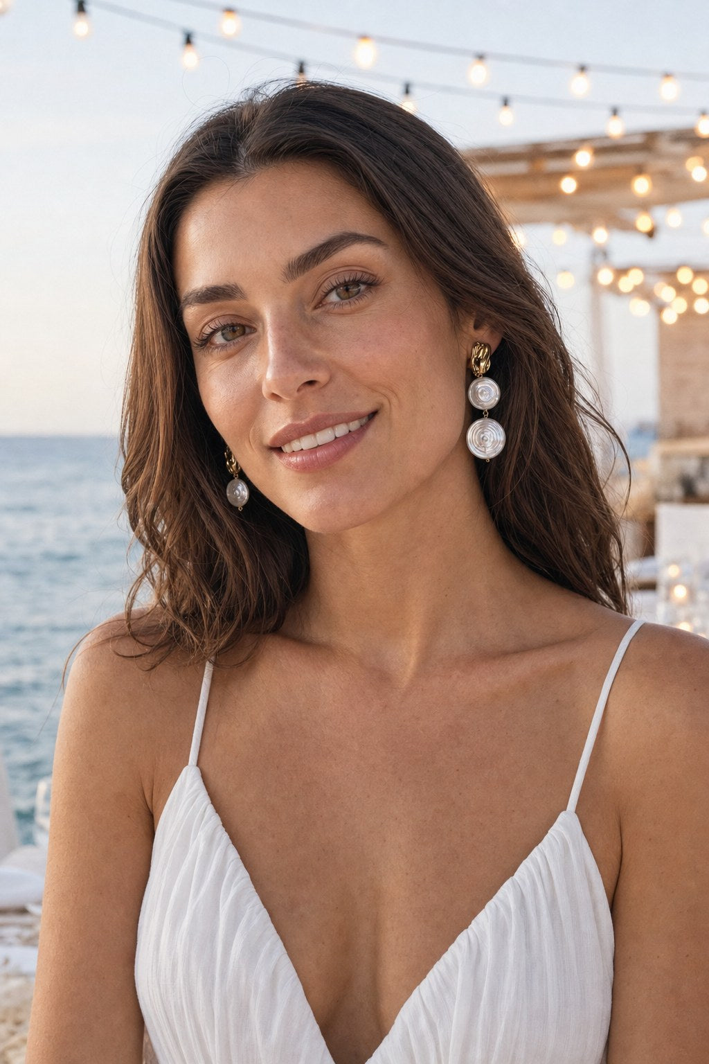 Spiral Shell Pearl Earrings on the model by the sea