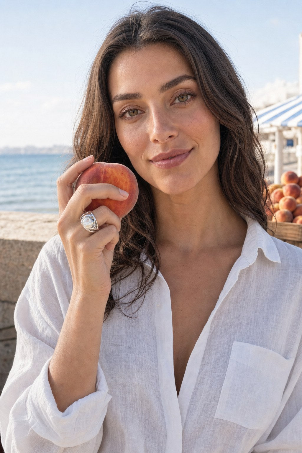 Sculpted Keshi Pearl Ring on the model by the sea