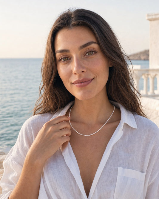 Seed Pearl Layering Necklace worn by the model