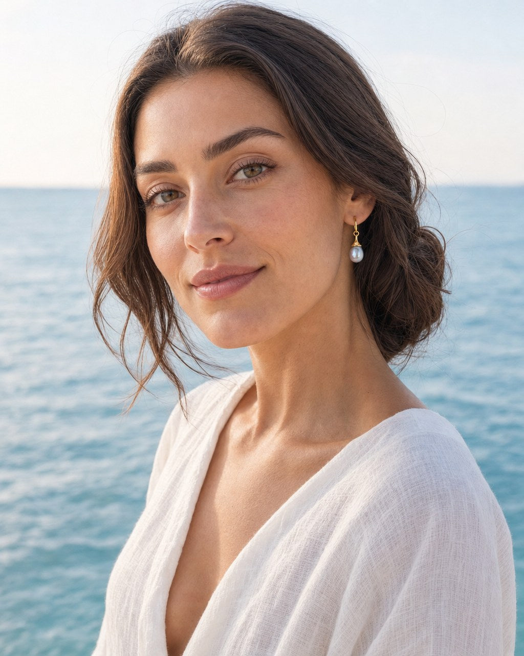 Storm Grey Pearl Earrings worn by the model