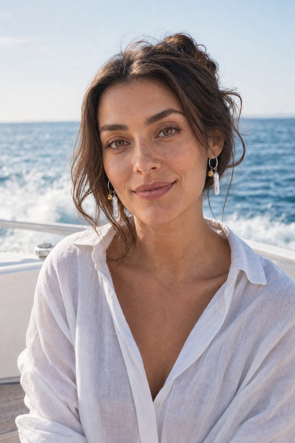Sun & Sea Hoop Earrings on the model by the sea