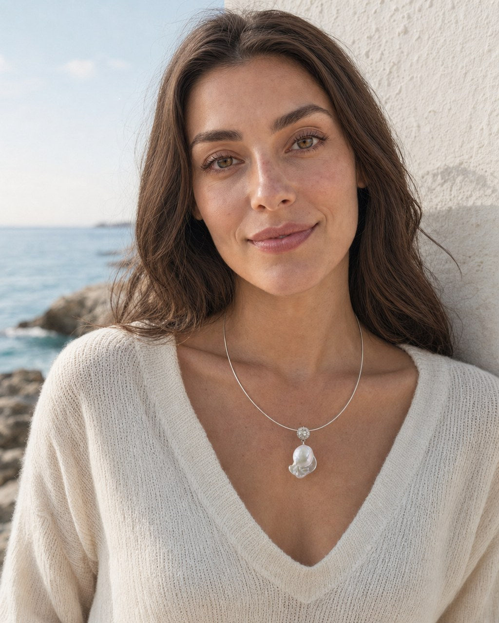 Moonlit Baroque Pearl Collar worn by the model