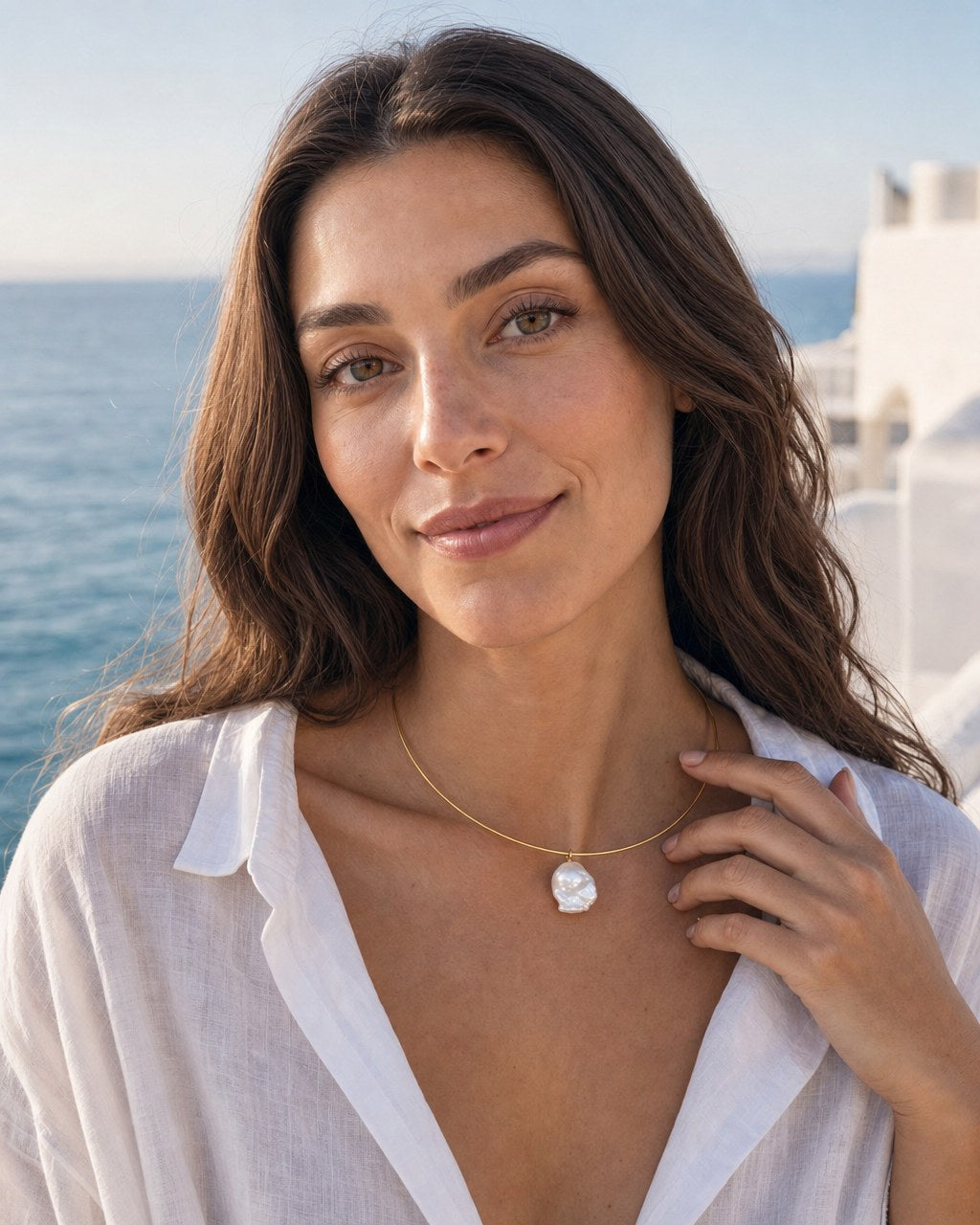 Golden Hour Pearl Collar worn by the model