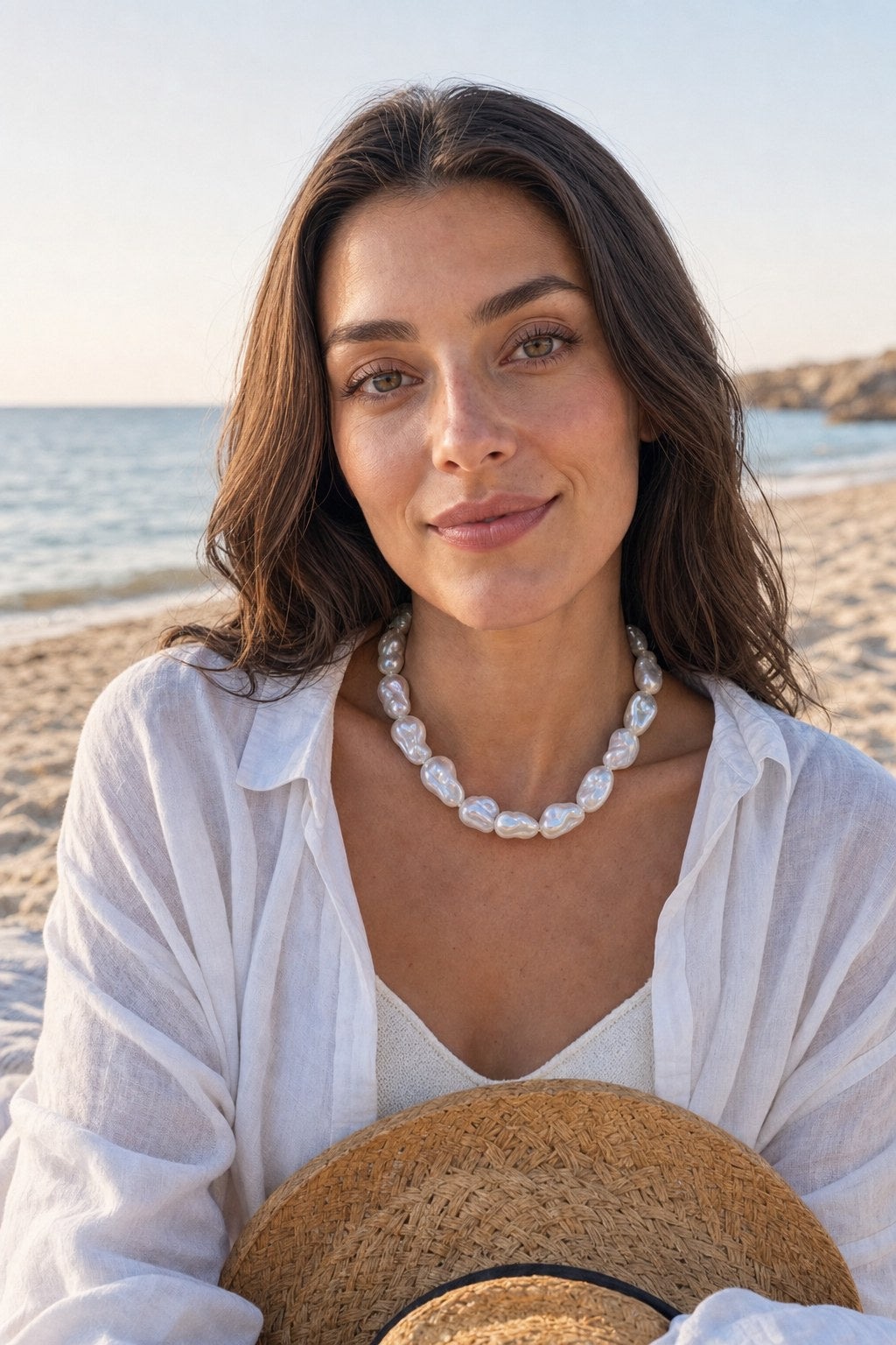 Sea Glass Baroque Pearl Strand on the model by the sea