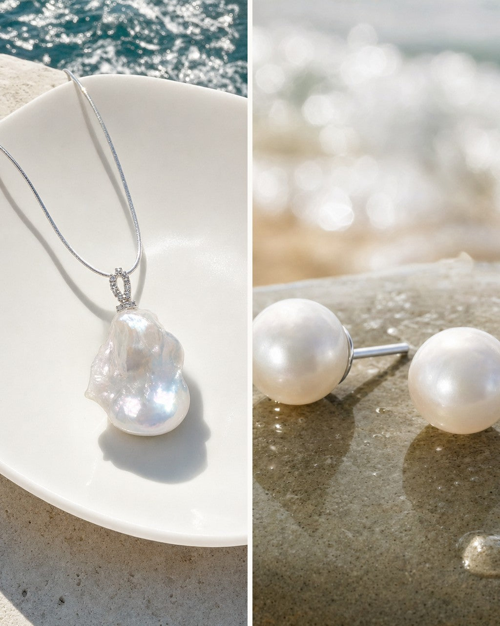 The Moonrise Set: baroque pearl pendant and classic pearl studs
