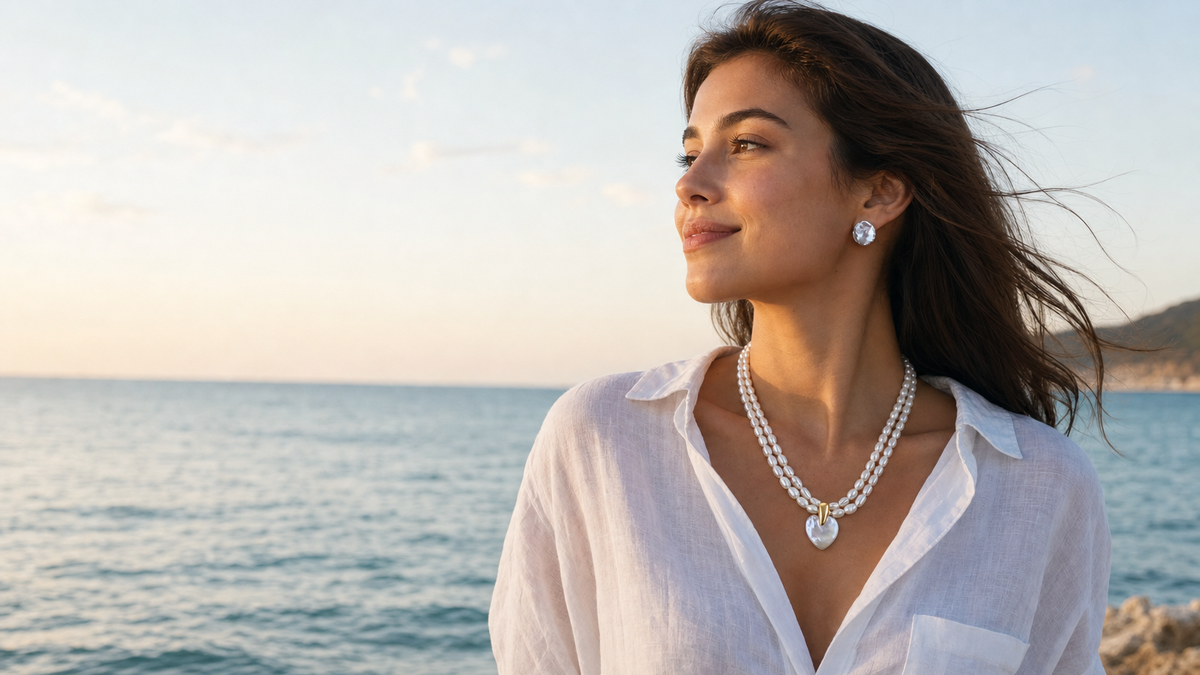 Woman by the sea wearing a MEKAA heart pearl necklace and baroque pearl earrings