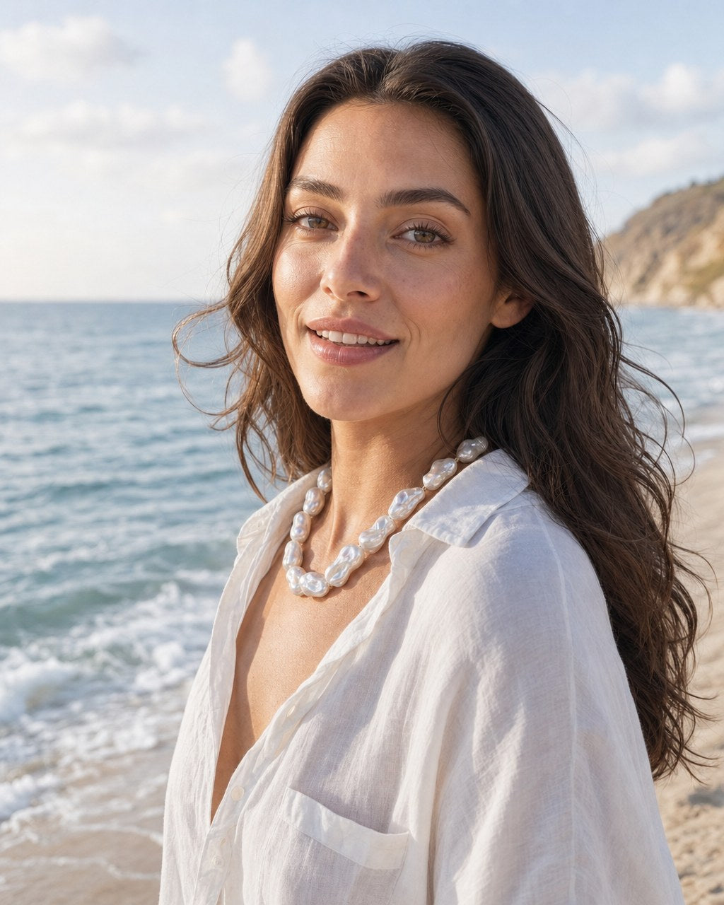 Model wearing the Sea Glass Baroque Pearl Strand by the sea