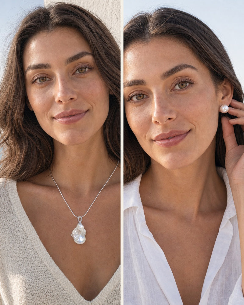 The Moonrise Set worn by the model: baroque pearl pendant and classic pearl studs