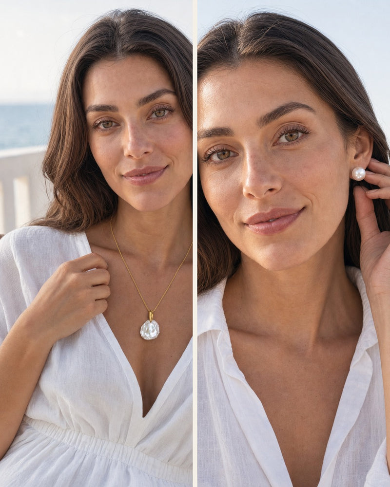 The Petal Set worn by the model: petal pearl pendant and classic pearl studs