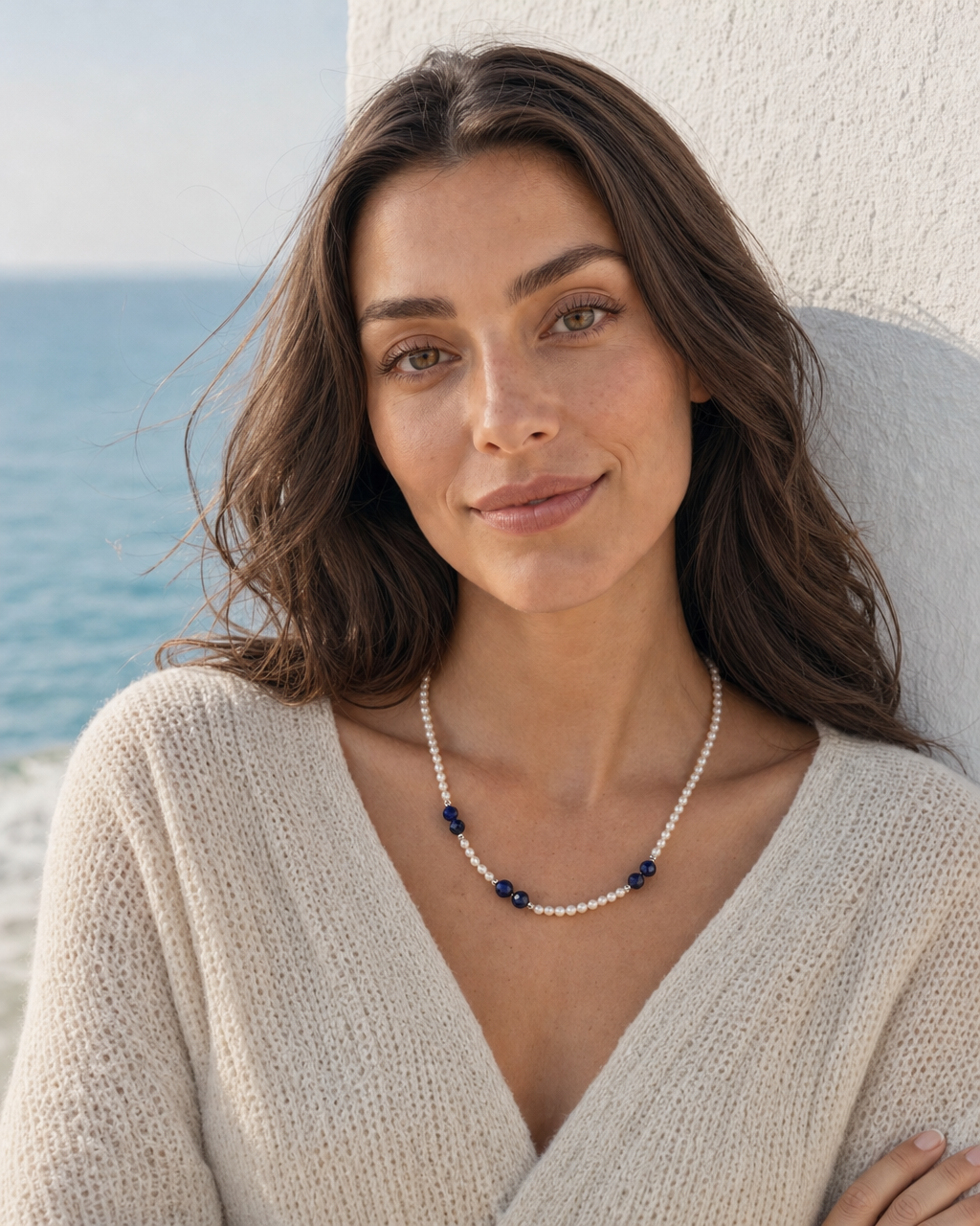 Ocean Blue Kyanite Pearl Necklace worn
