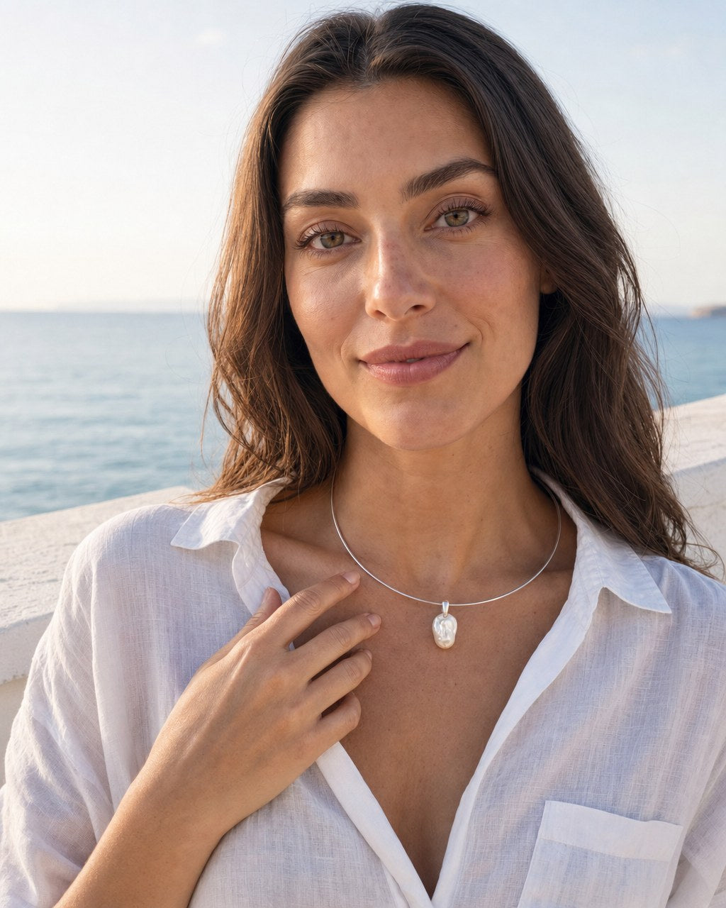 Silver Shore Pearl Collar worn by the model