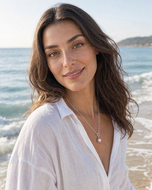 Lilac Dusk Pearl Necklace worn by the model