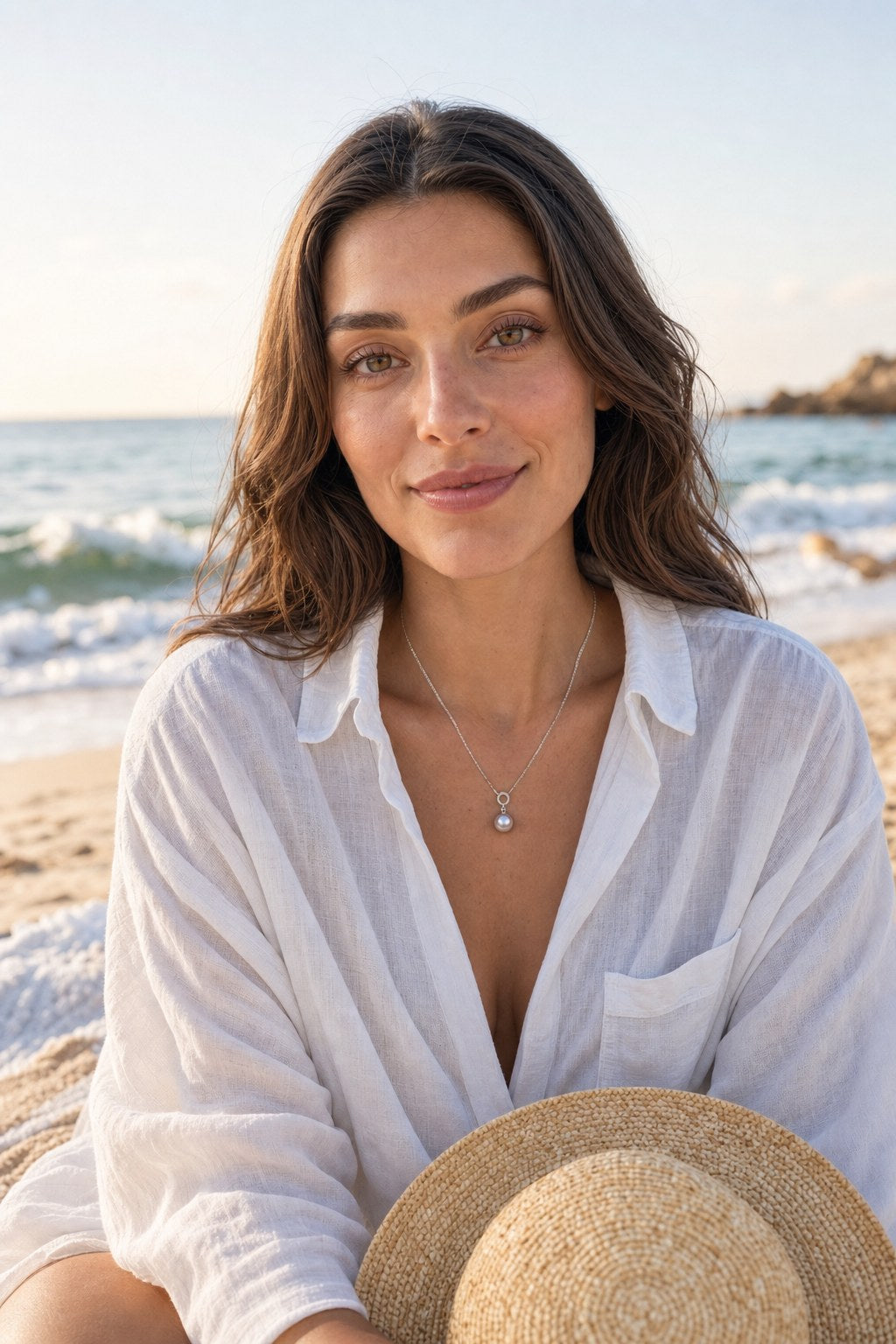 Lilac Dusk Pearl Necklace on the model by the sea